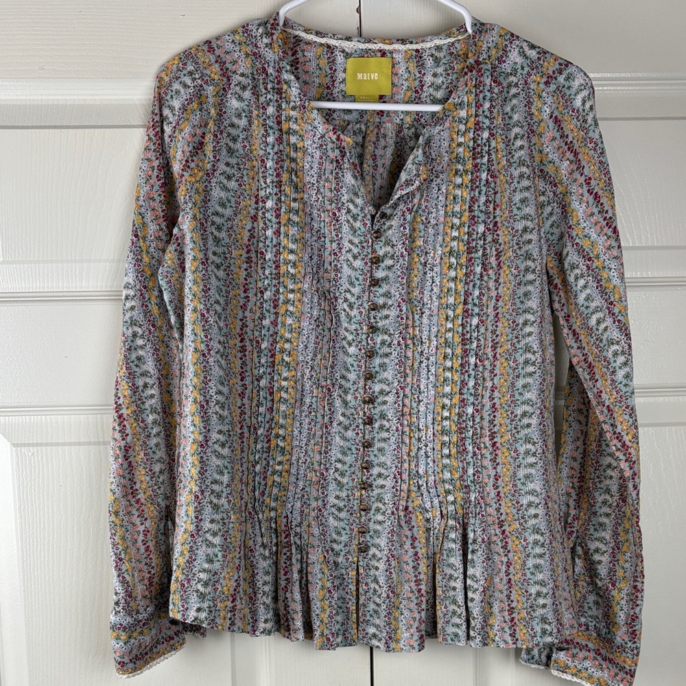 Anthropologie Floral Pleated Multicolor Button down Blouse Size small